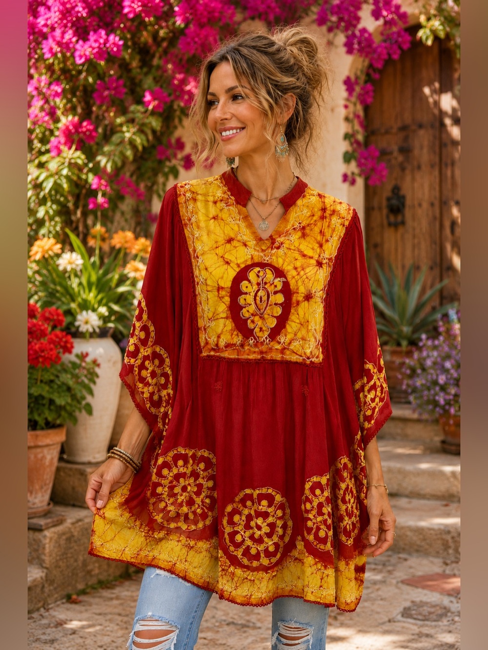 Blue Moon Embroidered Batik Tunic Top One Size Red Yellow Boho Festival Hippie